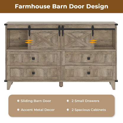 Hasuit | 55.1 Inch Farmhouse 6 Drawer Dresser for Bedroom Retro Chest of Drawers with Sliding Barn Door