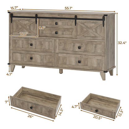 Hasuit | 55.1 Inch Farmhouse 6 Drawer Dresser for Bedroom Retro Chest of Drawers with Sliding Barn Door