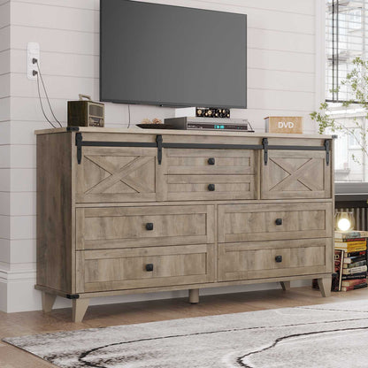 Hasuit | 55.1 Inch Farmhouse 6 Drawer Dresser for Bedroom Retro Chest of Drawers with Sliding Barn Door