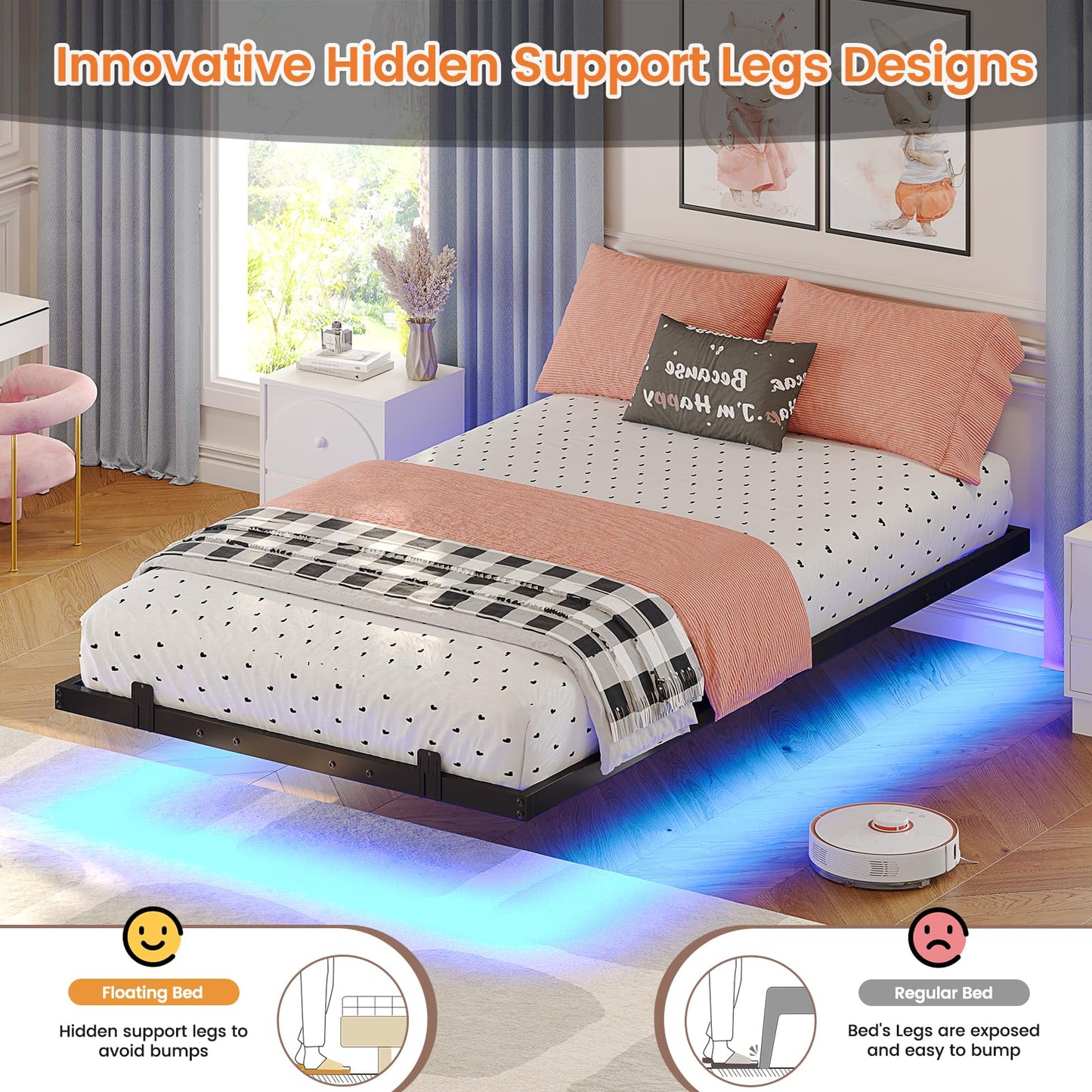 Hasuit | Floating Bed Frame with LED Lights Metal Platform Bed No Box Spring Needed Black Six Sizes