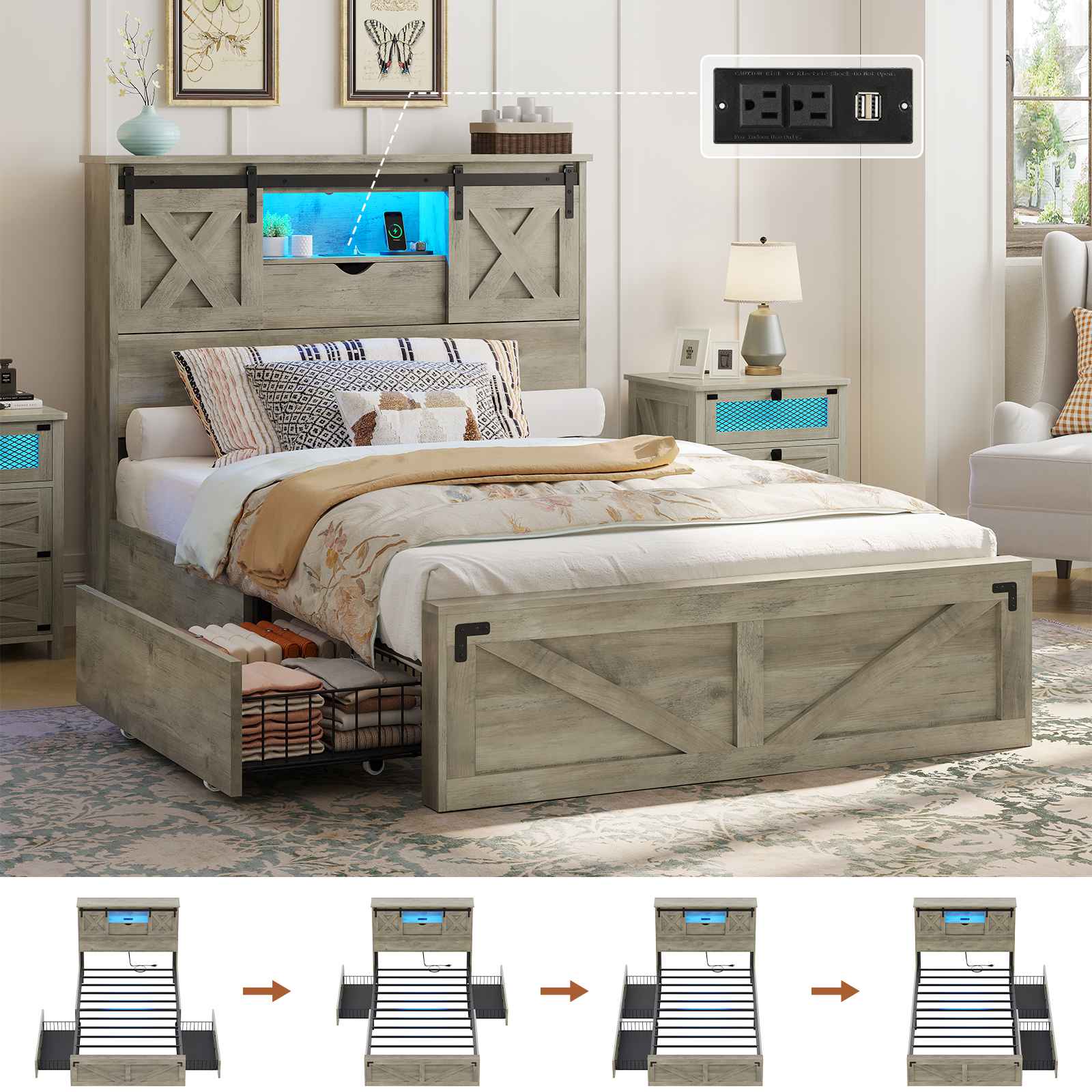 ベッドフレーム 160cm bed frame with drawers Hasuit | Farmhouse Bed Frame with 2 Storage Drawers Rustic Wooden Plat