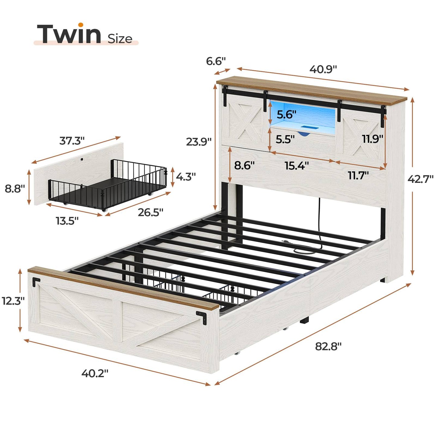 Hasuit | Farmhouse Bed Frame with 2 Storage Drawers Rustic Wooden Platform Twin Bed with LED Lights and Charging Station
