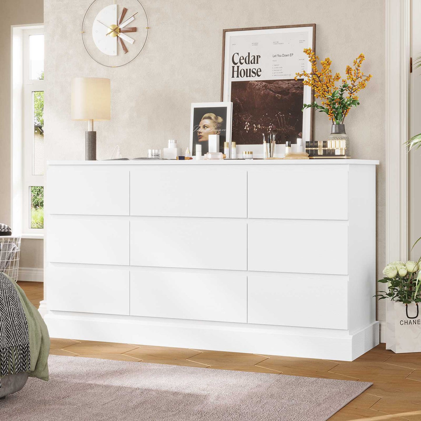 Hasuit | 61.7 Inch Modern Dresser with 9 Drawers Wide Dressers with Large Capacity Storage for Bedroom TV Stand with Power Outlets