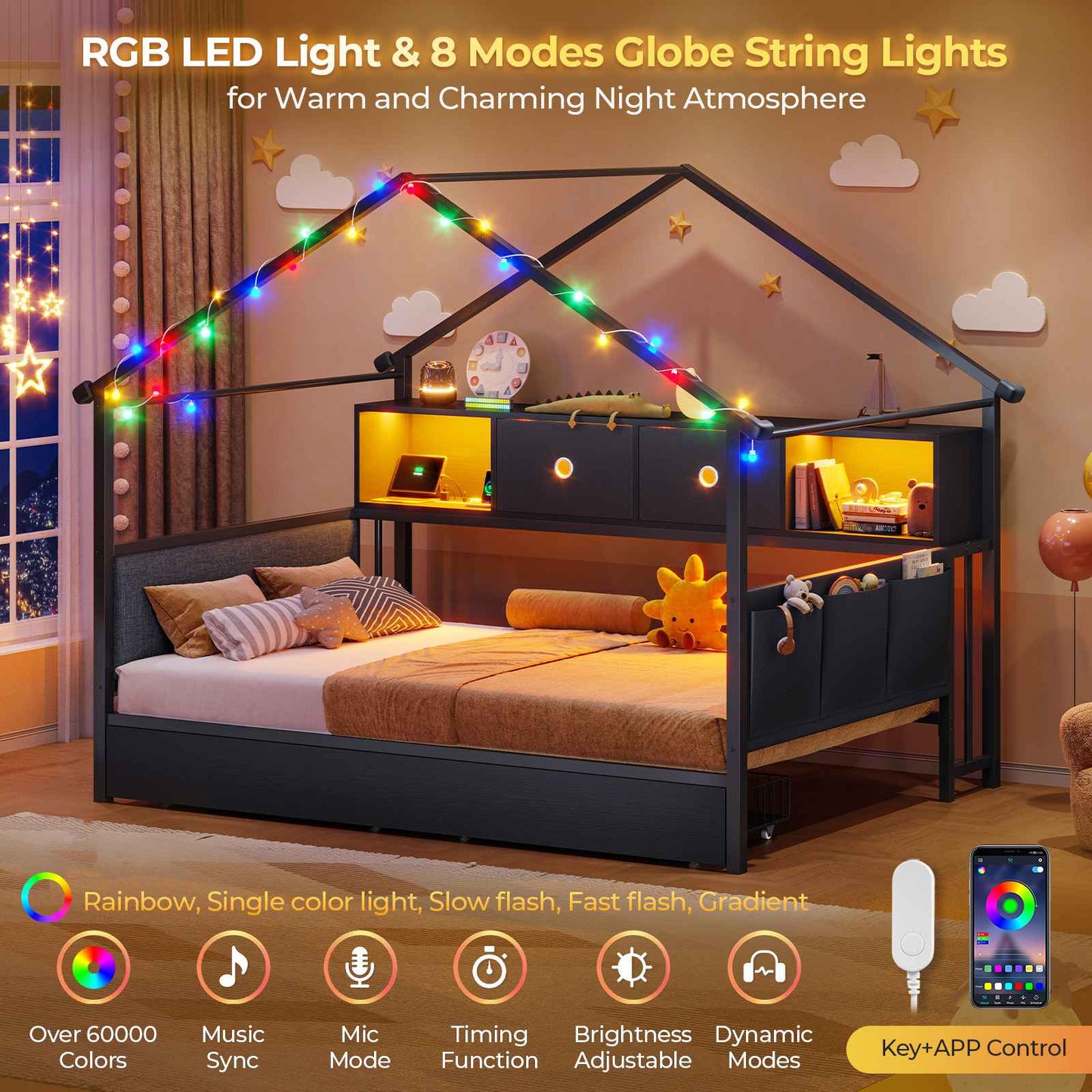 Hasuit | Corner Twin Bed Frame with Charging Station & LED Light & Globe String Light House Shaped Metal Beds with Drawer & Bookcase Corner Bed with Upholstered Headboard