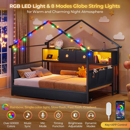 Hasuit | Corner Twin Bed Frame with Charging Station & LED Light & Globe String Light House Shaped Metal Beds with Drawer & Bookcase Corner Bed with Upholstered Headboard