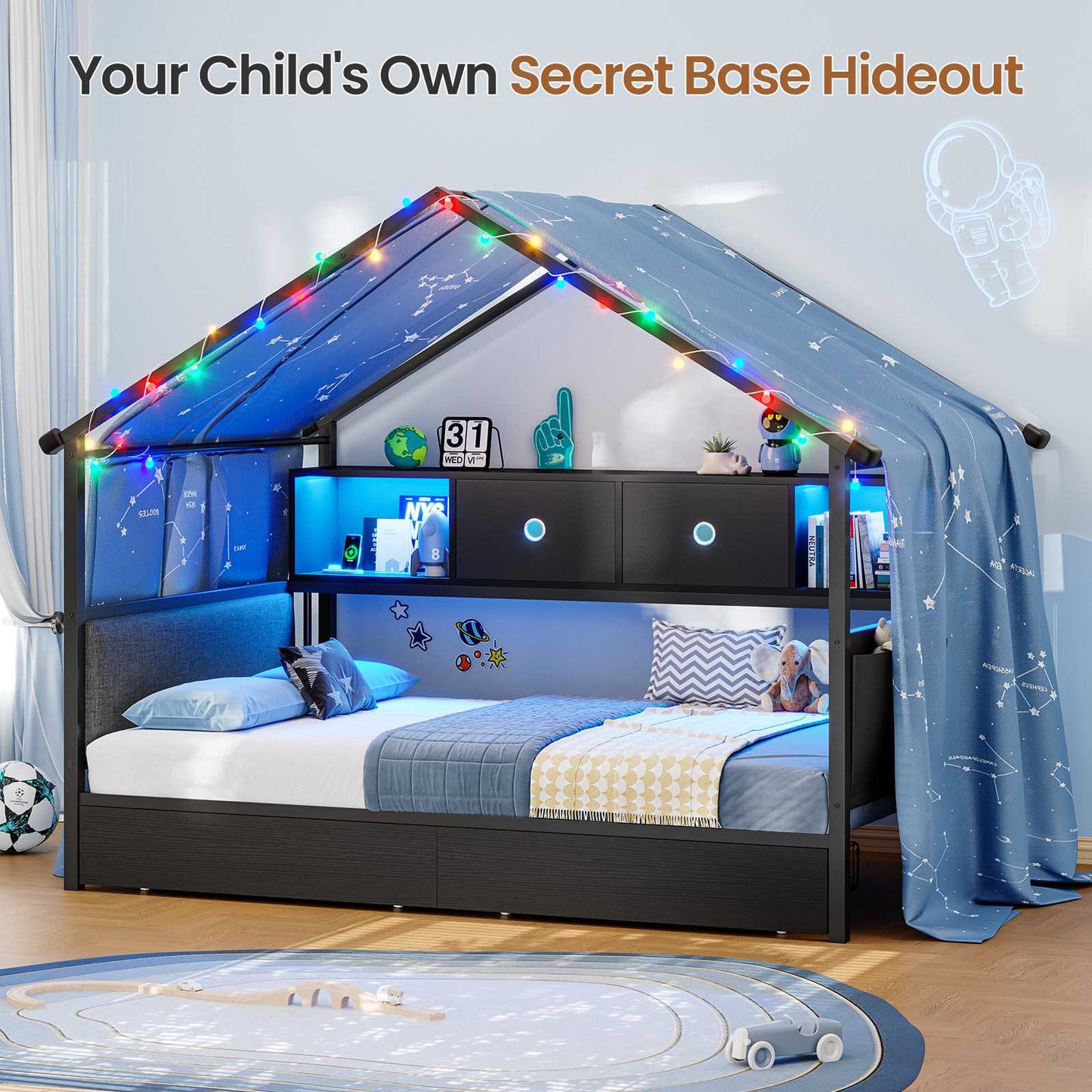 Hasuit | Corner Twin Bed Frame with Charging Station & LED Light & Globe String Light House Shaped Metal Beds with Drawer & Bookcase Corner Bed with Upholstered Headboard