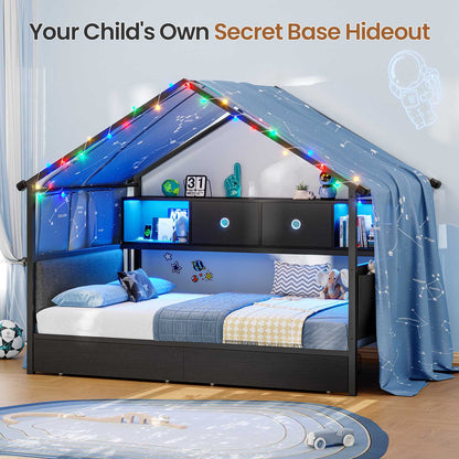 Hasuit | Corner Twin Bed Frame with Charging Station & LED Light & Globe String Light House Shaped Metal Beds with Drawer & Bookcase Corner Bed with Upholstered Headboard