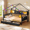 Hasuit | Corner Twin Bed Frame with Charging Station & LED Light & Globe String Light House Shaped Metal Beds with Drawer & Bookcase Corner Bed with Upholstered Headboard