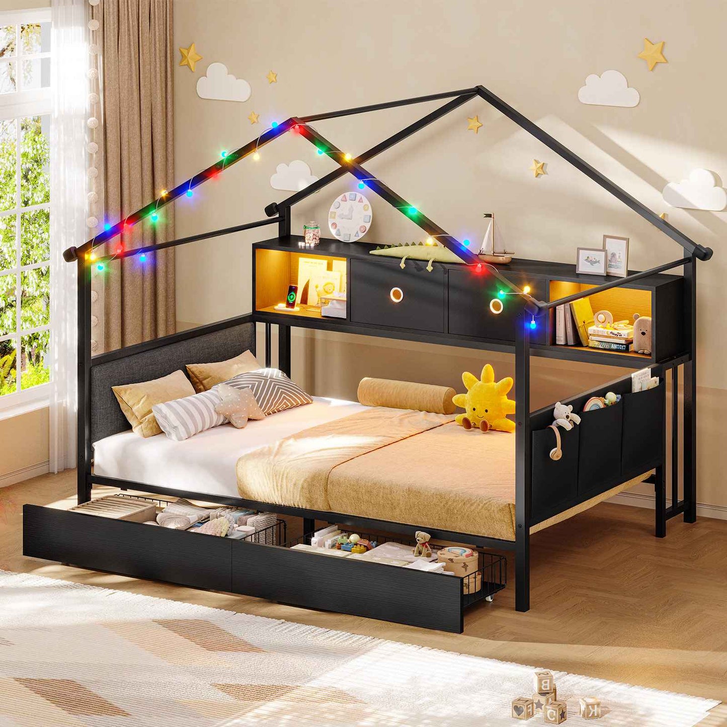 Hasuit | Corner Twin Bed Frame with Charging Station & LED Light & Globe String Light House Shaped Metal Beds with Drawer & Bookcase Corner Bed with Upholstered Headboard
