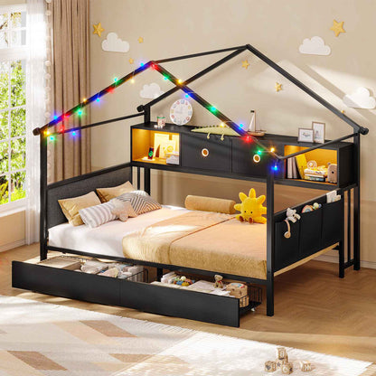 Hasuit | Corner Twin Bed Frame with Charging Station & LED Light & Globe String Light House Shaped Metal Beds with Drawer & Bookcase Corner Bed with Upholstered Headboard