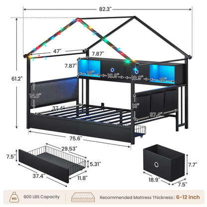 Hasuit | Corner Twin Bed Frame with Charging Station & LED Light & Globe String Light House Shaped Metal Beds with Drawer & Bookcase Corner Bed with Upholstered Headboard