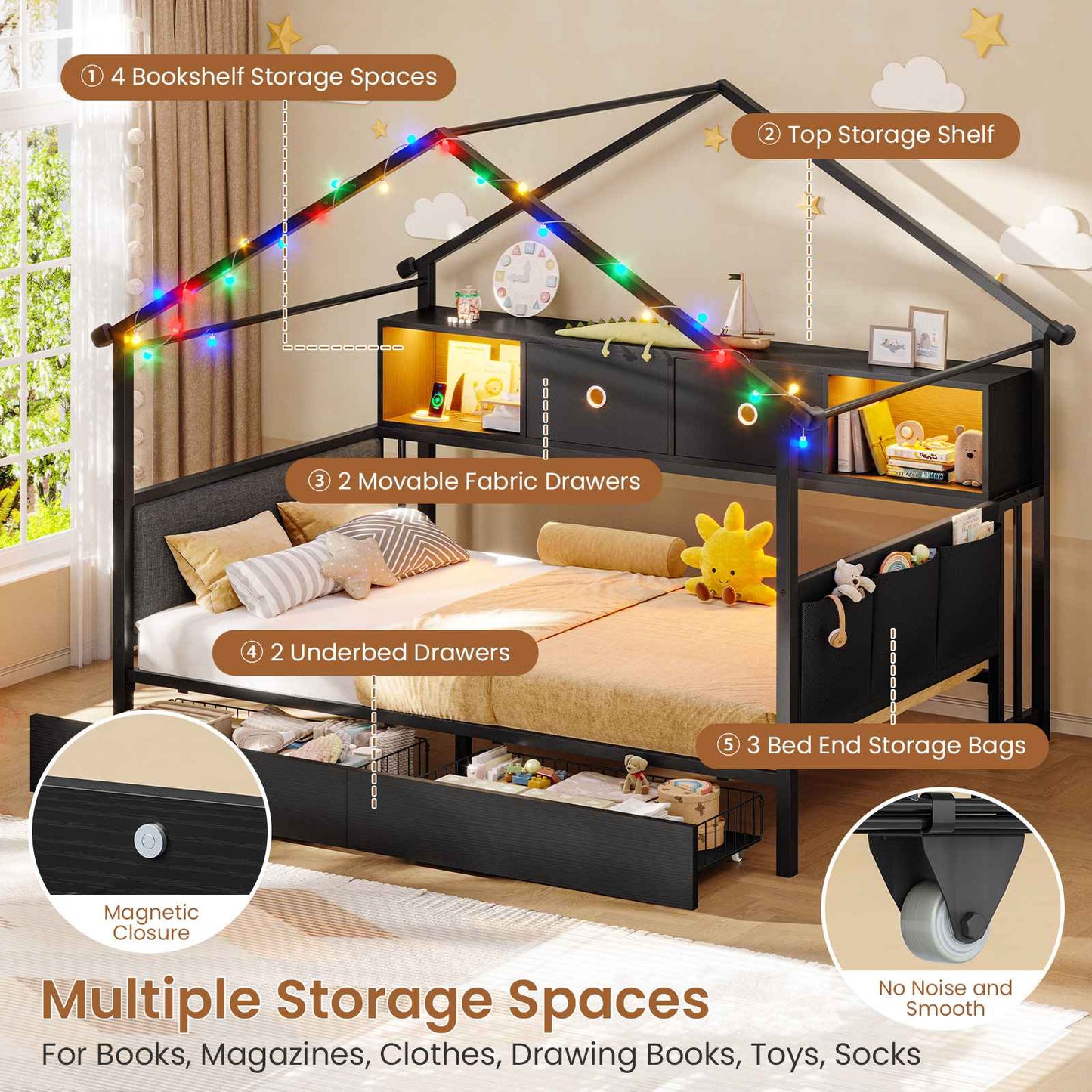 Hasuit | Corner Twin Bed Frame with Charging Station & LED Light & Globe String Light House Shaped Metal Beds with Drawer & Bookcase Corner Bed with Upholstered Headboard