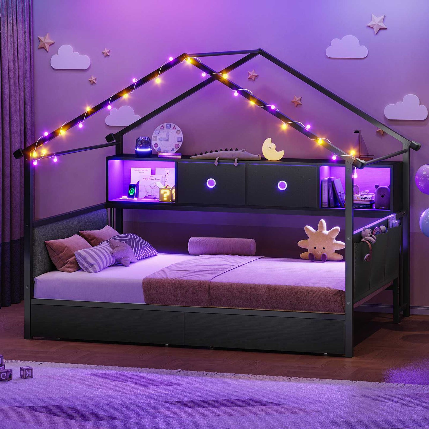 Hasuit | Corner Twin Bed Frame with Charging Station & LED Light & Globe String Light House Shaped Metal Beds with Drawer & Bookcase Corner Bed with Upholstered Headboard