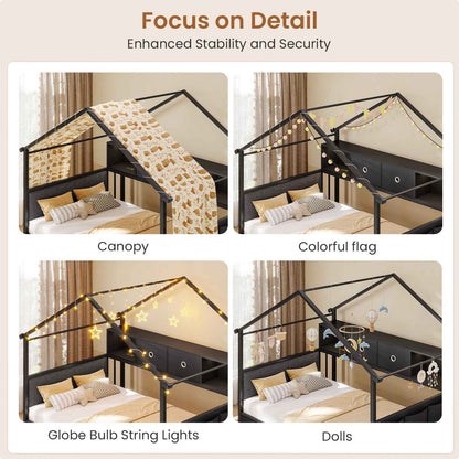 Hasuit | Corner Twin Bed Frame with Charging Station & LED Light & Globe String Light House Shaped Metal Beds with Drawer & Bookcase Corner Bed with Upholstered Headboard