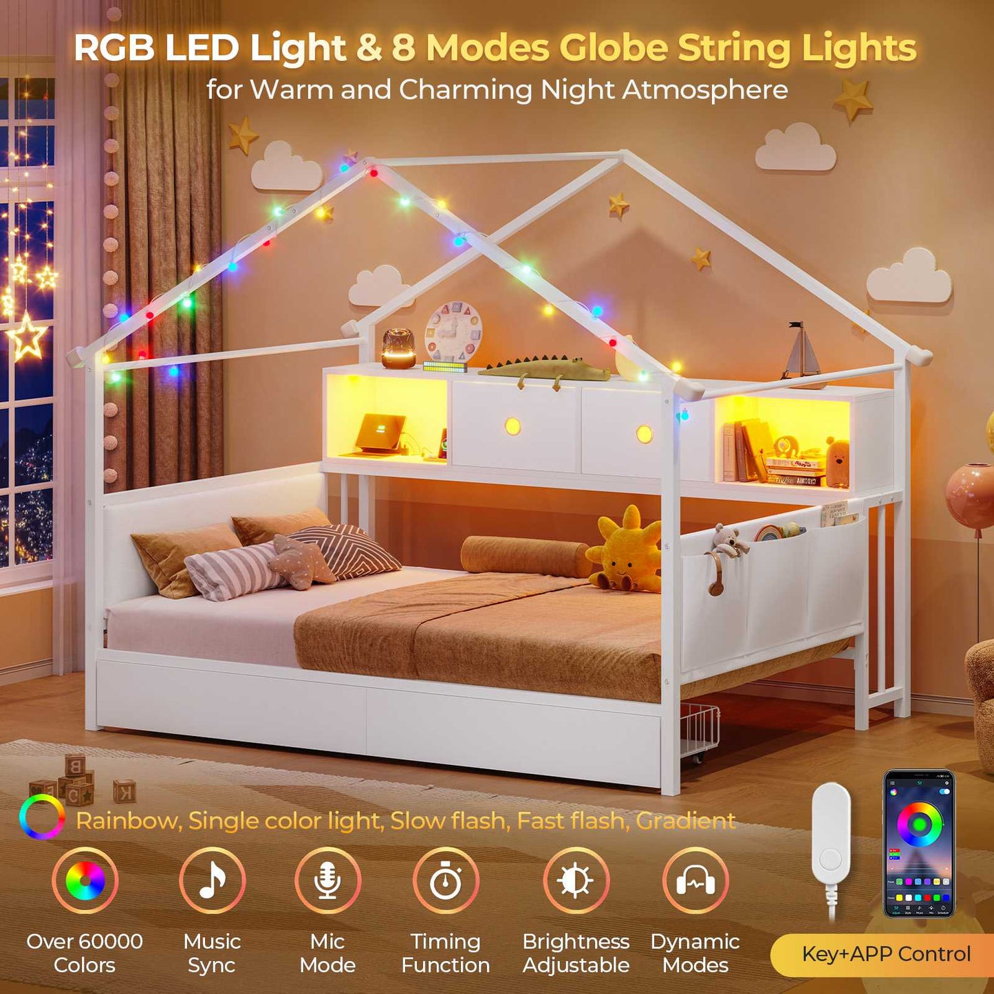 Hasuit | Corner Twin Bed Frame with Charging Station & LED Light & Globe String Light House Shaped Metal Beds with Drawer & Bookcase Corner Bed with Upholstered Headboard