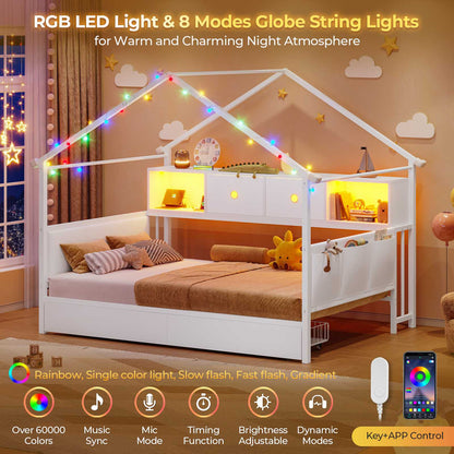 Hasuit | Corner Twin Bed Frame with Charging Station & LED Light & Globe String Light House Shaped Metal Beds with Drawer & Bookcase Corner Bed with Upholstered Headboard