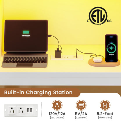 Hasuit | Corner Twin Bed Frame with Charging Station & LED Light & Globe String Light House Shaped Metal Beds with Drawer & Bookcase Corner Bed with Upholstered Headboard