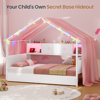 Hasuit | Corner Twin Bed Frame with Charging Station & LED Light & Globe String Light House Shaped Metal Beds with Drawer & Bookcase Corner Bed with Upholstered Headboard