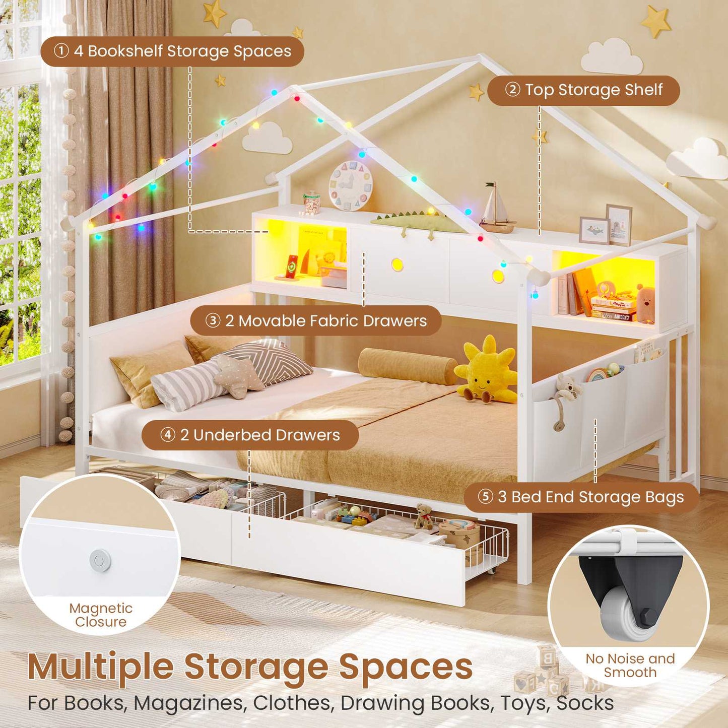 Hasuit | Corner Twin Bed Frame with Charging Station & LED Light & Globe String Light House Shaped Metal Beds with Drawer & Bookcase Corner Bed with Upholstered Headboard