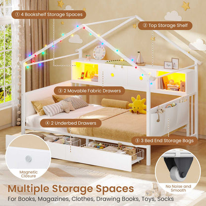 Hasuit | Corner Twin Bed Frame with Charging Station & LED Light & Globe String Light House Shaped Metal Beds with Drawer & Bookcase Corner Bed with Upholstered Headboard