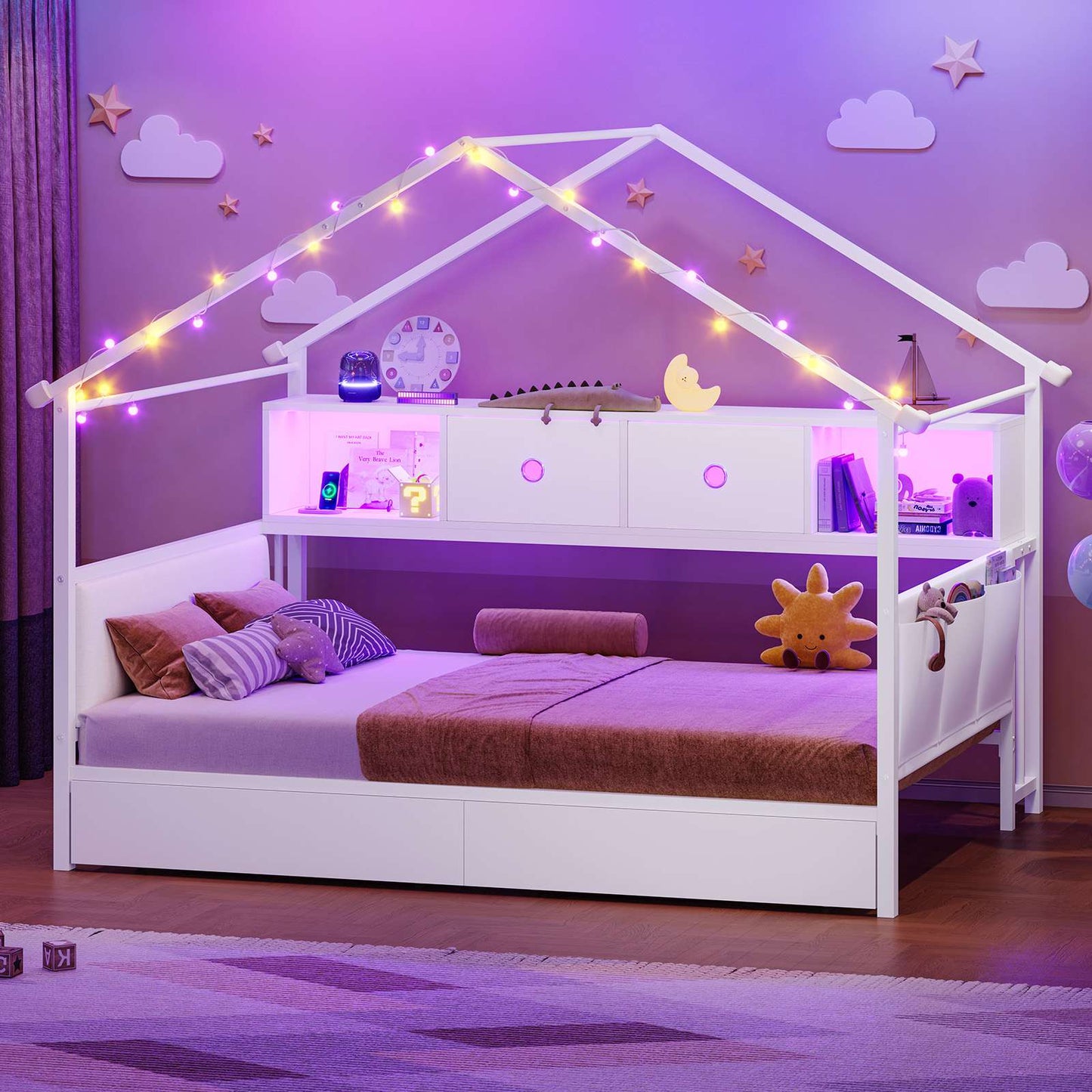 Hasuit | Corner Twin Bed Frame with Charging Station & LED Light & Globe String Light House Shaped Metal Beds with Drawer & Bookcase Corner Bed with Upholstered Headboard