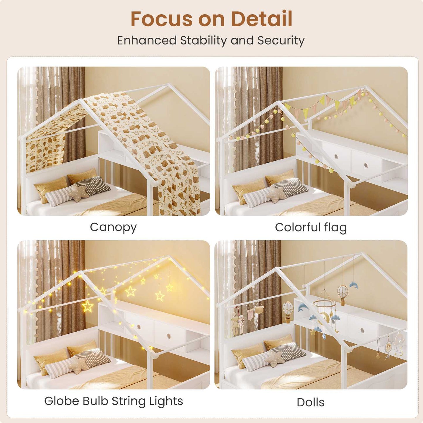 Hasuit | Corner Twin Bed Frame with Charging Station & LED Light & Globe String Light House Shaped Metal Beds with Drawer & Bookcase Corner Bed with Upholstered Headboard