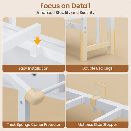 Hasuit | Corner Twin Bed Frame with Charging Station & LED Light & Globe String Light House Shaped Metal Beds with Drawer & Bookcase Corner Bed with Upholstered Headboard