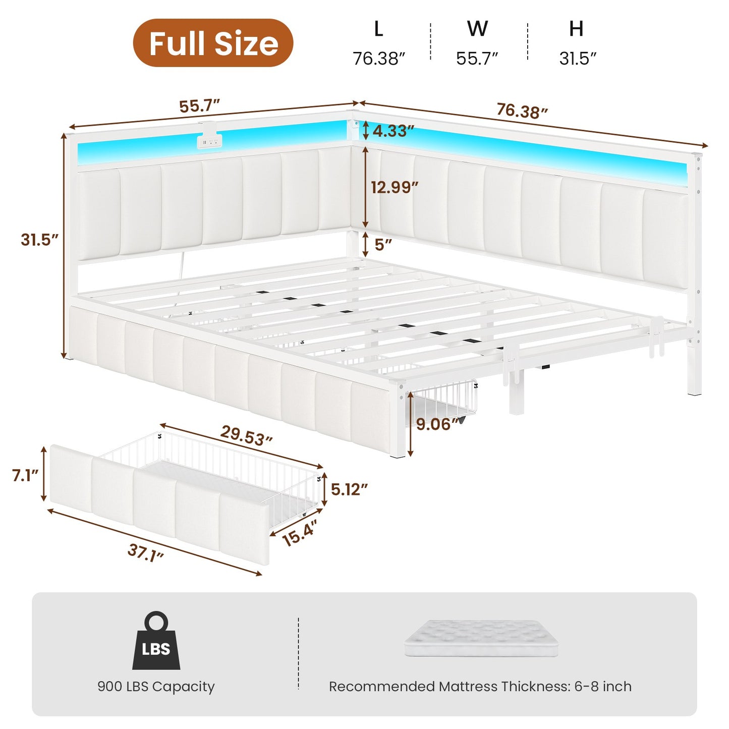 Hasuit | Corner Bed Frame with Storage Drawers Full Daybed with Line Fabric Upholstered Fence Kids Bed Unit with LED Light and Charging Station White