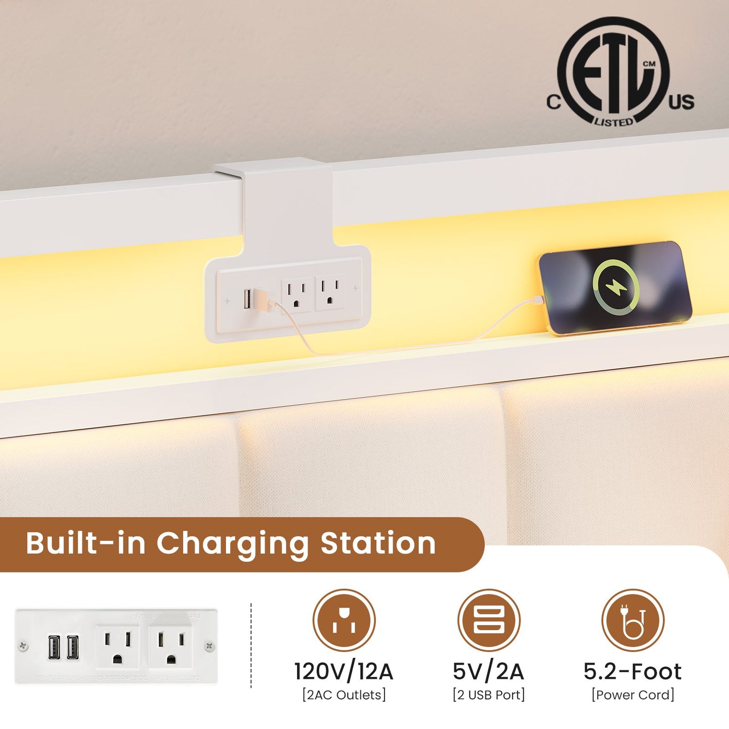 Hasuit | Corner Bed Frame with Storage Drawers Full Daybed with Line Fabric Upholstered Fence Kids Bed Unit with LED Light and Charging Station White