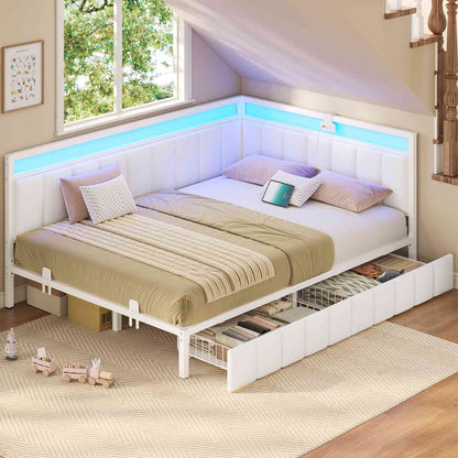 Hasuit | Corner Bed Frame with Storage Drawers Full Daybed with Line Fabric Upholstered Fence Kids Bed Unit with LED Light and Charging Station White