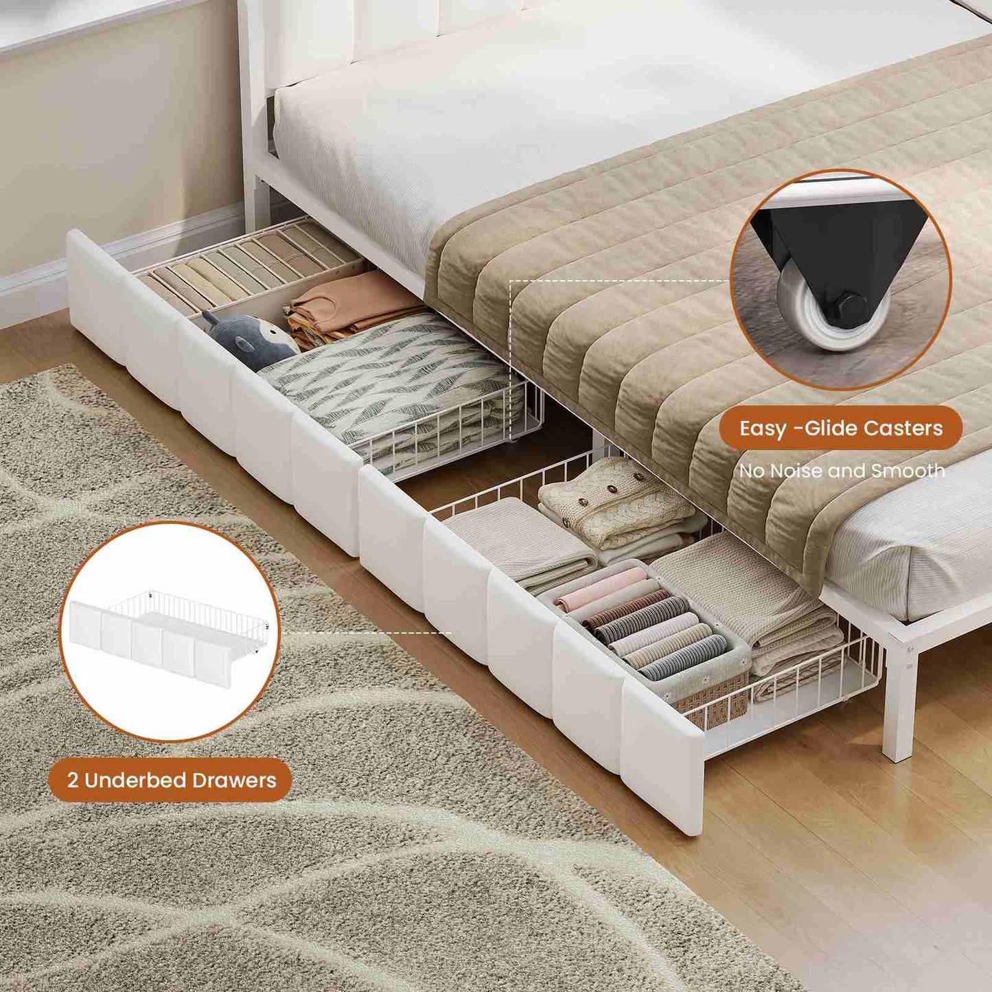 Hasuit | Corner Bed Frame with Storage Drawers Full Daybed with Line Fabric Upholstered Fence Kids Bed Unit with LED Light and Charging Station White