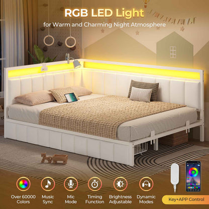 Hasuit | Corner Bed Frame with Storage Drawers Full Daybed with Line Fabric Upholstered Fence Kids Bed Unit with LED Light and Charging Station White