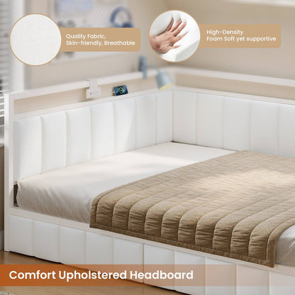 Hasuit | Corner Bed Frame with Storage Drawers Full Daybed with Line Fabric Upholstered Fence Kids Bed Unit with LED Light and Charging Station White