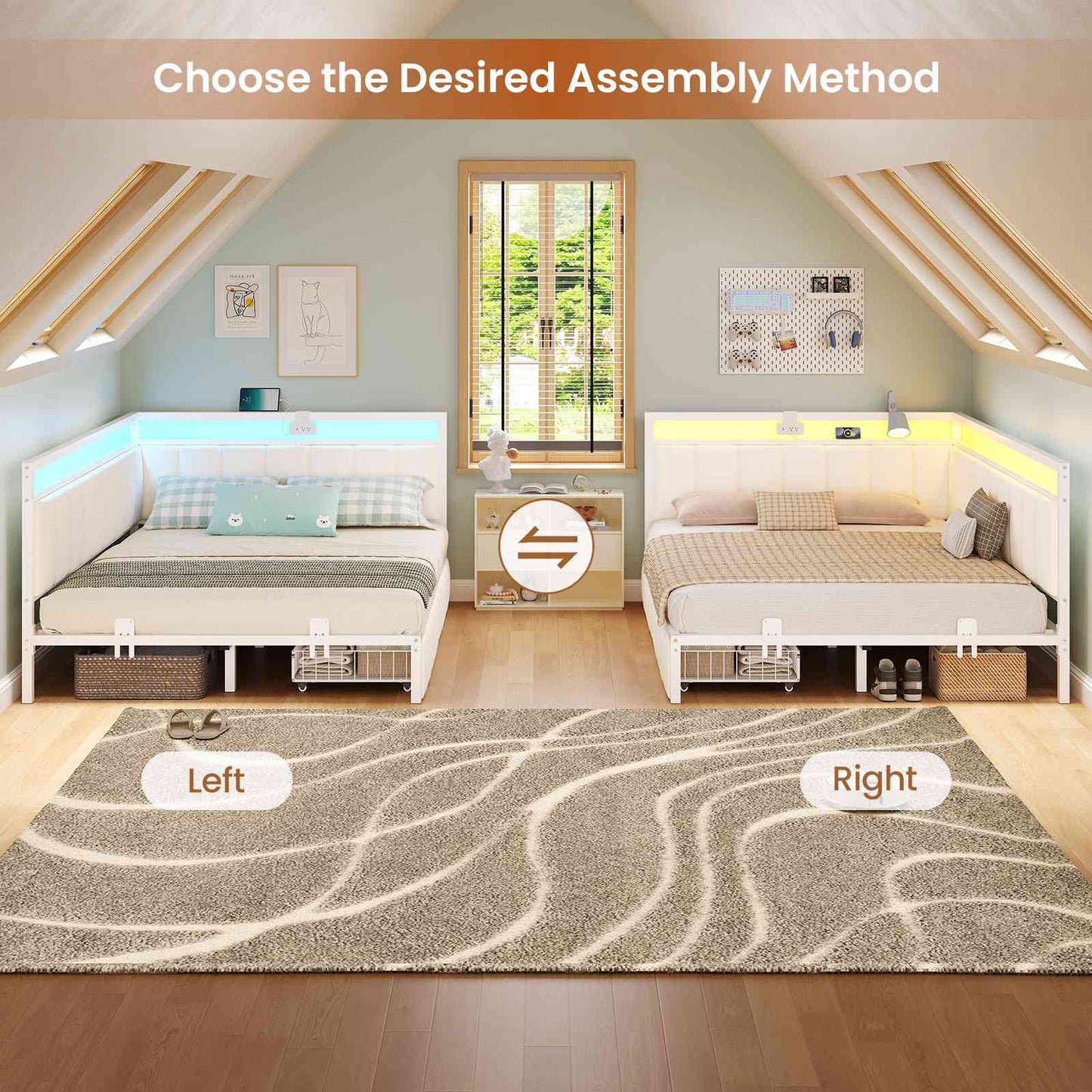 Hasuit | Corner Bed Frame with Storage Drawers Full Daybed with Line Fabric Upholstered Fence Kids Bed Unit with LED Light and Charging Station White