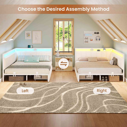 Hasuit | Corner Bed Frame with Storage Drawers Full Daybed with Line Fabric Upholstered Fence Kids Bed Unit with LED Light and Charging Station White