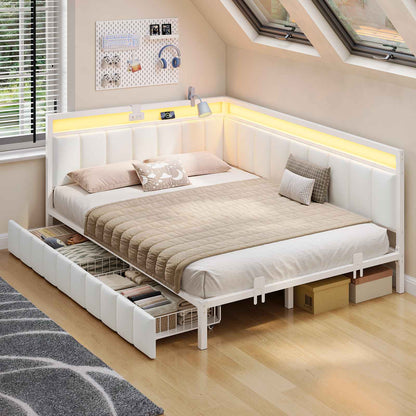 Hasuit | Corner Bed Frame with Storage Drawers Full Daybed with Line Fabric Upholstered Fence Kids Bed Unit with LED Light and Charging Station White