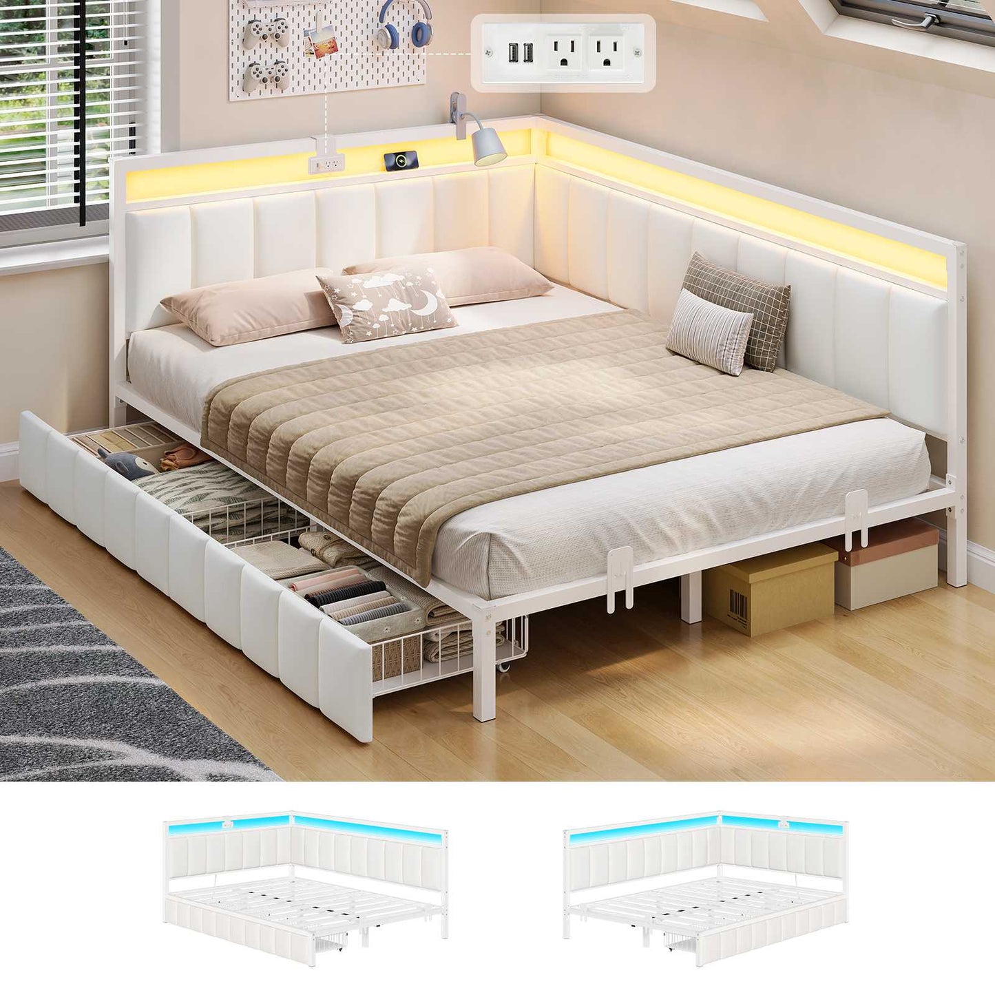 Hasuit | Corner Bed Frame with Storage Drawers Full Daybed with Line Fabric Upholstered Fence Kids Bed Unit with LED Light and Charging Station White