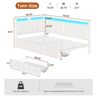 Hasuit | Corner Bed Frame with Storage Drawers Full Daybed with Line Fabric Upholstered Fence Kids Bed Unit with LED Light and Charging Station White