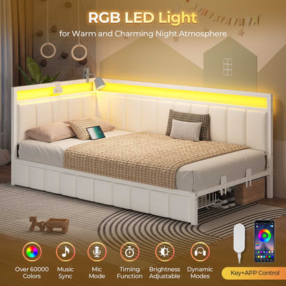 Hasuit | Corner Bed Frame with Storage Drawers Full Daybed with Line Fabric Upholstered Fence Kids Bed Unit with LED Light and Charging Station White