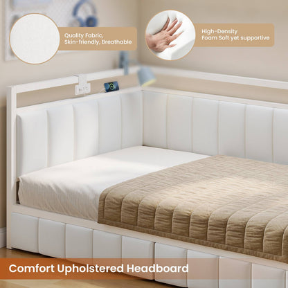 Hasuit | Corner Bed Frame with Storage Drawers Full Daybed with Line Fabric Upholstered Fence Kids Bed Unit with LED Light and Charging Station White