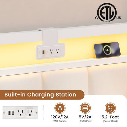 Hasuit | Corner Bed Frame with Storage Drawers Full Daybed with Line Fabric Upholstered Fence Kids Bed Unit with LED Light and Charging Station White