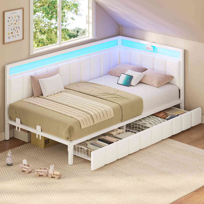 Hasuit | Corner Bed Frame with Storage Drawers Full Daybed with Line Fabric Upholstered Fence Kids Bed Unit with LED Light and Charging Station White