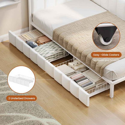 Hasuit | Corner Bed Frame with Storage Drawers Full Daybed with Line Fabric Upholstered Fence Kids Bed Unit with LED Light and Charging Station White