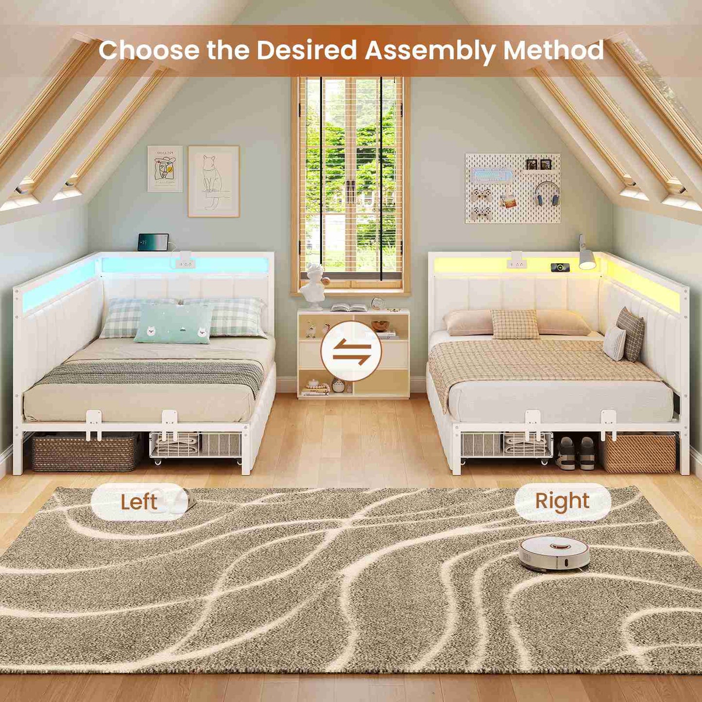 Hasuit | Corner Bed Frame with Storage Drawers Full Daybed with Line Fabric Upholstered Fence Kids Bed Unit with LED Light and Charging Station White