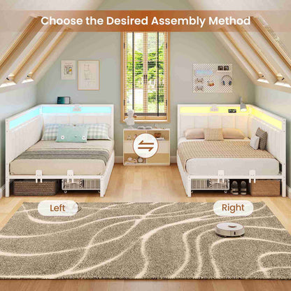 Hasuit | Corner Bed Frame with Storage Drawers Full Daybed with Line Fabric Upholstered Fence Kids Bed Unit with LED Light and Charging Station White