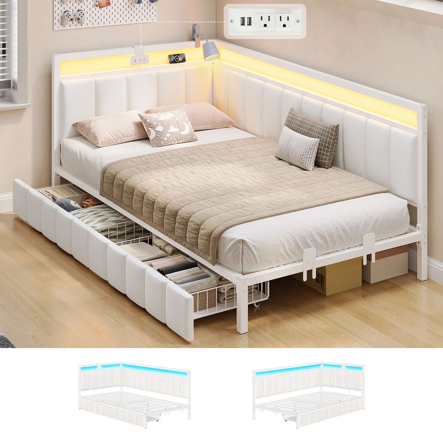 Hasuit | Corner Bed Frame with Storage Drawers Full Daybed with Line Fabric Upholstered Fence Kids Bed Unit with LED Light and Charging Station White