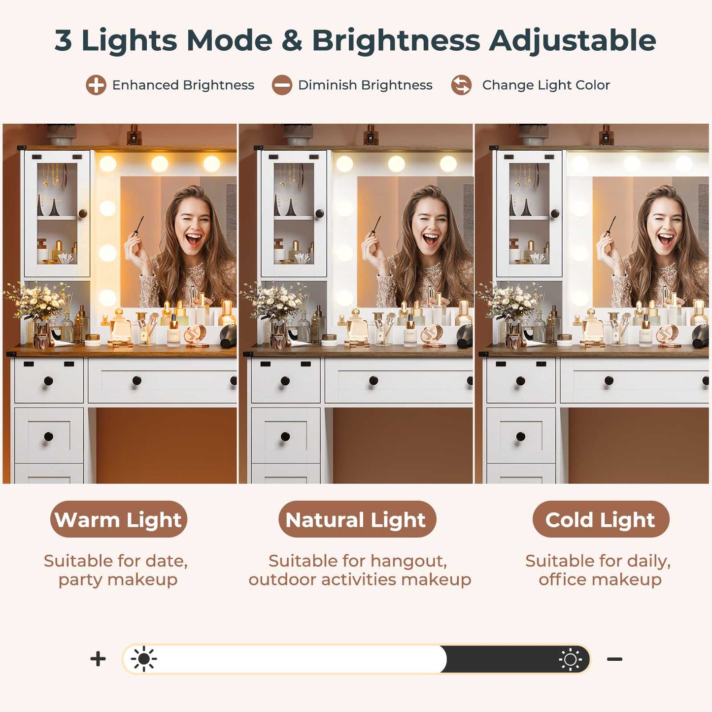 Hasuit | 43.3 Inch Farmhouse Makeup Vanity Desk with Mirror and Lights Bedroom Dressing Table with Charging Station and Drawers