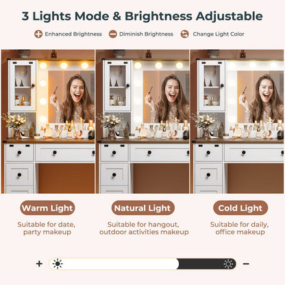 Hasuit | 43.3 Inch Farmhouse Makeup Vanity Desk with Mirror and Lights Bedroom Dressing Table with Charging Station and Drawers