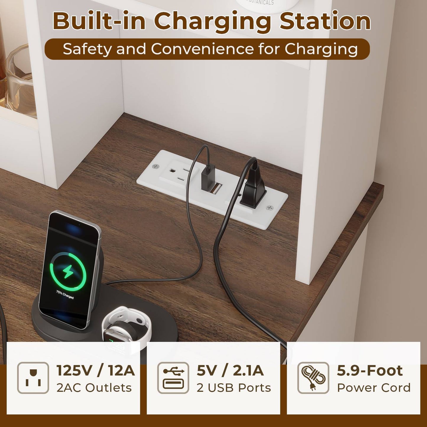 Hasuit | 43.3 Inch Farmhouse Makeup Vanity Desk with Mirror and Lights Bedroom Dressing Table with Charging Station and Drawers