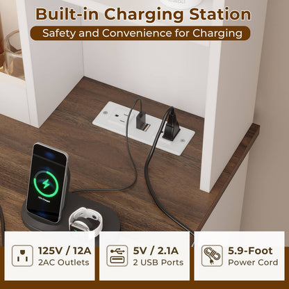 Hasuit | 43.3 Inch Farmhouse Makeup Vanity Desk with Mirror and Lights Bedroom Dressing Table with Charging Station and Drawers